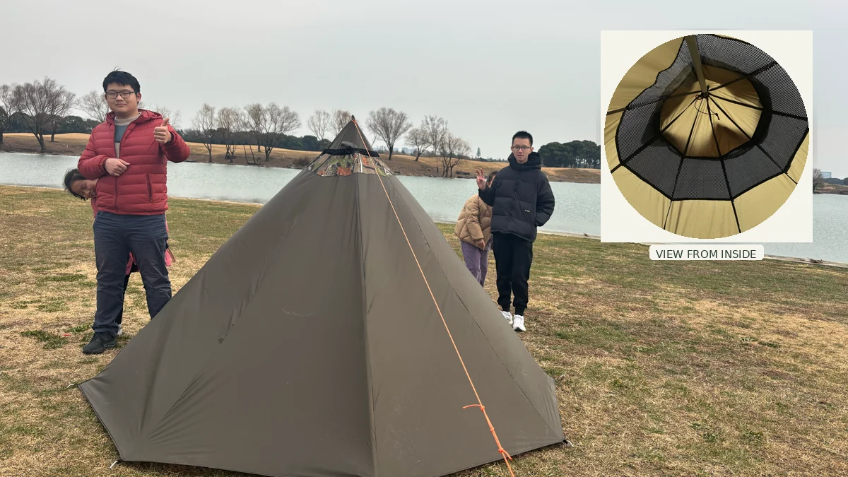 Hide-and-Seek Tent outdoors, with an inset showing the view from inside