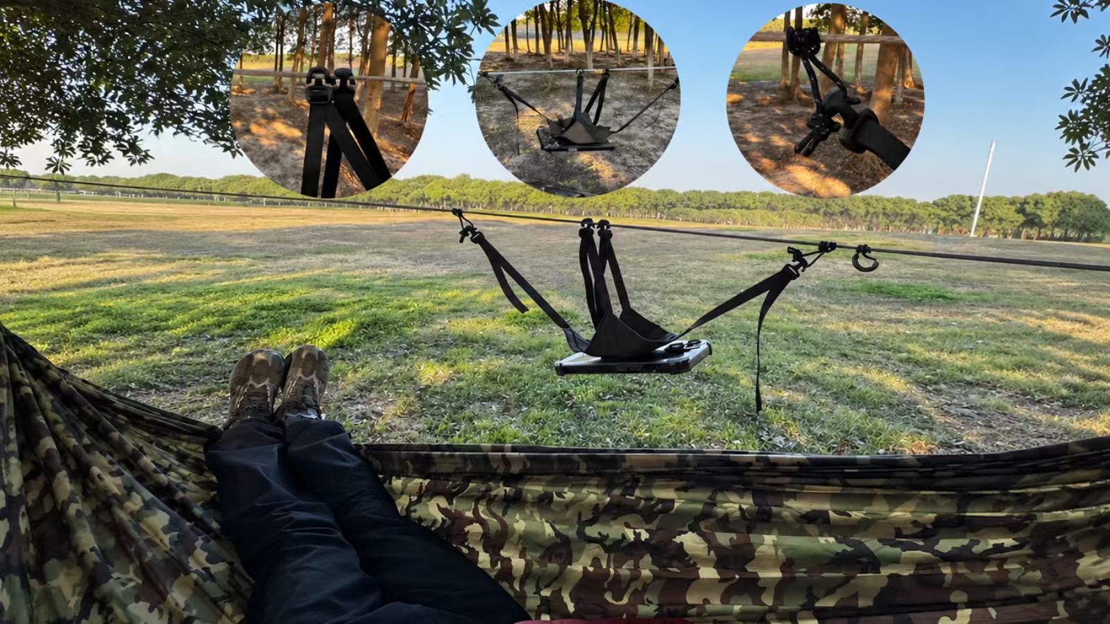 A phone holder suspended from a hammock ridgeline, viewed while lying in the hammock