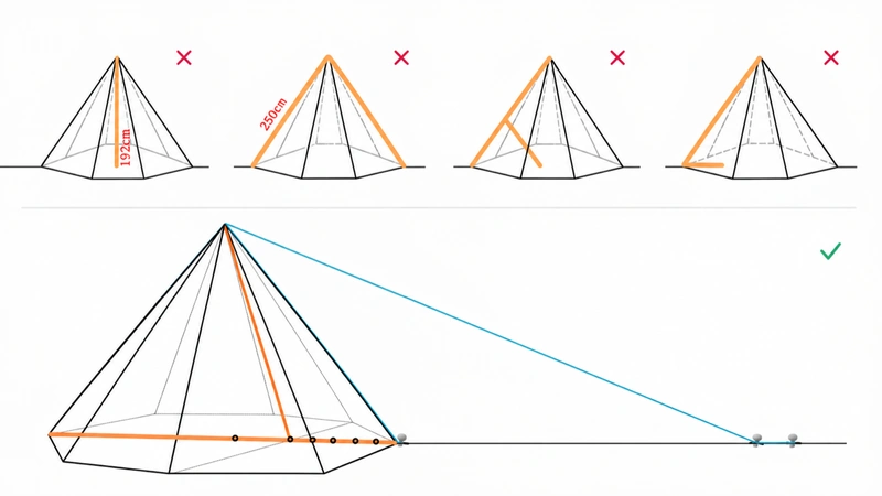 Diagram comparing support-pole alternatives and the final guyline and ground-strap arrangement.